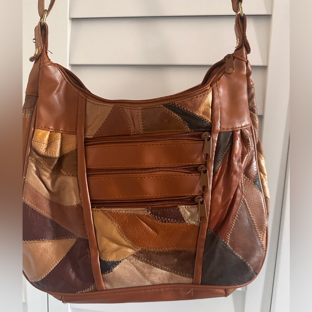 Vintage Patchwork Multi-Tone Leather Shoulder Bag Boho - Tan/Brown